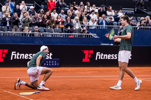 MUNICH, GERMANY - APRIL 19: Jakob Schnaitter (GER) Mark Wallner (GER) cheer, emotional after winning the BMW Open by Bitpanda Doubles match between Jakob Schnaitter (GER) Mark Wallner (GER) vs Theo Arribage (FRA) Albano Olivetti (FRA) at MTTC Iphitos on April 19, 2026 in Munich, Germany. Bavaria Germany Copyright: xSteffiexWunderlx