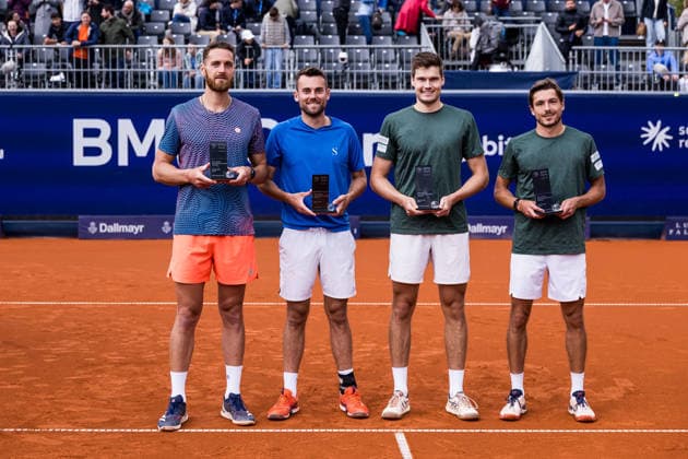 MUNICH, GERMANY - APRIL 19: Theo Arribage (FRA) Albano Olivetti (FRA) and Jakob Schnaitter (GER) Mark Wallner (GER) pose together with the trophies during the trophy ceremony of the BMW Open by Bitpanda Doubles match between Jakob Schnaitter (GER) Mark Wallner (GER) vs Theo Arribage (FRA) Albano Olivetti (FRA) at MTTC Iphitos on April 19, 2026 in Munich, Germany. Bavaria Germany Copyright: xSteffiexWunderlx
