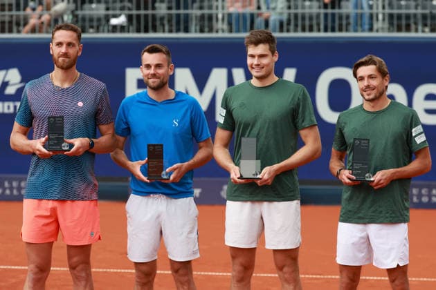 Sieger Jakob Schnaitter, Mark Wallner und die Finalisten Theo Arribage, Albano Olivetti, Herren Doppel, Men s Doubles, Siegerehrung, Presentation Tennis - BMW Open 2026 - ATP, Tennis Herren 500 - MTTC Iphitos - Muenchen - Bayern - Deutschland - 19 April 2026. Copyright: xJuergenxHasenkopfx