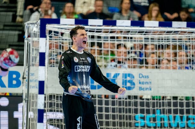 Köln, 19.04.2026, Handball, Herren, Lidl Final4, DHB Pokal, Spiel um Platz 3, TBV Lemgo Lippe - SC Magdeburg Constantin Möstl (TBV Lemgo, 1) jubelt nach einer Parade Köln Lanxess Arena NRW Germany