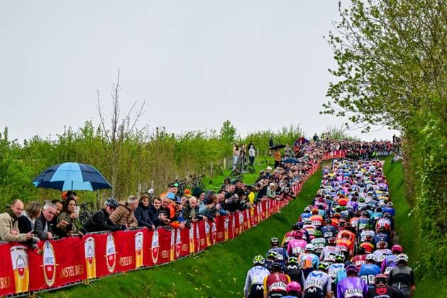 The pack of riders pictured in action during the men elite Amstel Gold Race one day cycling race, 257,4 km from Maastricht to Valkenburg, The Netherlands, Sunday 19 April 2026. DIRKxWAEM  x171326437x