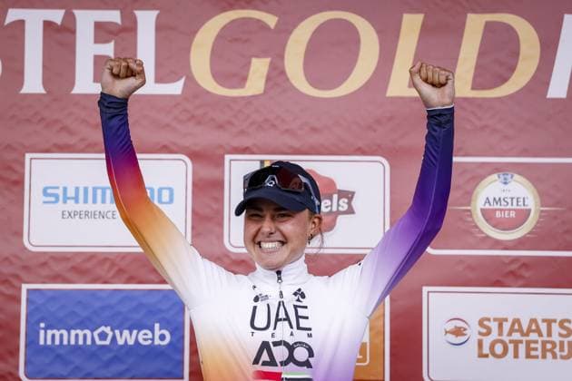 VALKENBURG - Paula Blasi (UAE Team ADQ) on the podium after the 2026 women s edition of the Amstel Gold Race in Valkenburg. MARCEL VAN HOORN ANP xVIxANPxSportx xxANPxIVx 556202557 originalFilename: 556202557.jpg