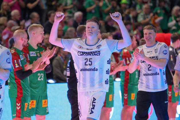 19.04.2026, xgox, Handball - DHB Pokal Spiel Platz 3 SC Magdeburg - TBV Lemgo Lippe emspor, v.l. Niels Gerardus Versteijnen (Lemgo, 25) Jubel ueber den Sieg, Jubel nach Spielende Koeln