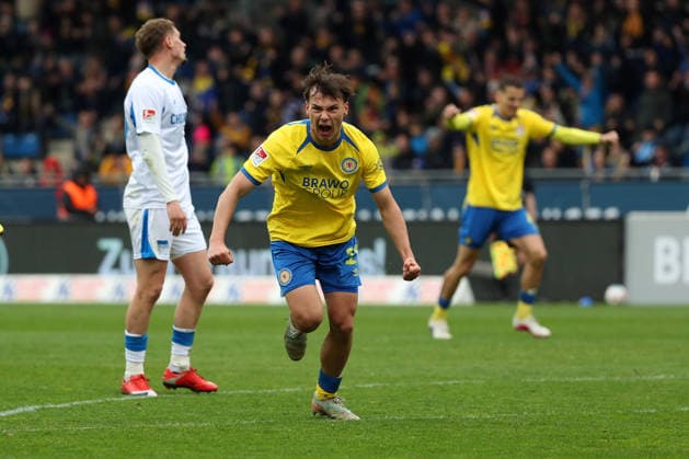 Braunschweig vs Hertha, 2. BL Braunschweig, 19.04.2026, Fußball, Herren, 2. BL, Saison 2025 2026, Eintracht Braunschweig vs. Hertha BSC Berlin: Max Marie (Eintracht Braunschweig) jubelt nach seinem Tor zum 1:1 (DFL DFB REGULATIONS PROHIBIT ANY USE OF PHOTOGRAPHS as IMAGE SEQUENCES and or QUASI-VIDEO) Stadion an der Hamburger Straße Niedersachsen Deutschland