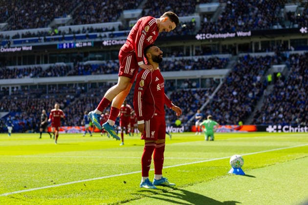 Football - FA Premier League - Everton FC v Liverpool FC LIVERPOOL, ENGLAND - Sunday, April 19, 2026: Liverpool s Mohamed Salah celebrates with team-mate Florian Wirtz (L) after scoring the first goal during the FA Premier League match between Everton FC and Liverpool FC, the 248th Merseyside Derby, at Bramley-Moore Dock. (Photo by David Rawcliffe Propaganda) LIVERPOOL Bramley-Moore Dock MERSEYSIDE ENGLAND  Copyright: xDavidxRawcliffex P2026-04-19-Everton_Liverpool-85