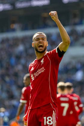 Football - FA Premier League - Everton FC v Liverpool FC LIVERPOOL, ENGLAND - Sunday, April 19, 2026: Liverpool s Cody Gakpo celebrates after his side scores the first goal during the FA Premier League match between Everton FC and Liverpool FC, the 248th Merseyside Derby, at Bramley-Moore Dock. (Photo by David Rawcliffe Propaganda) LIVERPOOL Bramley-Moore Dock MERSEYSIDE ENGLAND  Copyright: xDavidxRawcliffex P2026-04-19-Everton_Liverpool-88
