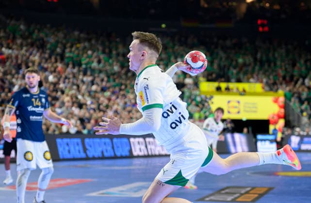 Lasse ANDERSSON (B) Aktion. Finale Füchse Berlin (B) - Bergischer HC (BHC), am 19.04.2026. Handball DHB Pokal Final4 2026, vom 18.04 - 19.04.2026 in Koeln Deutschland. Â