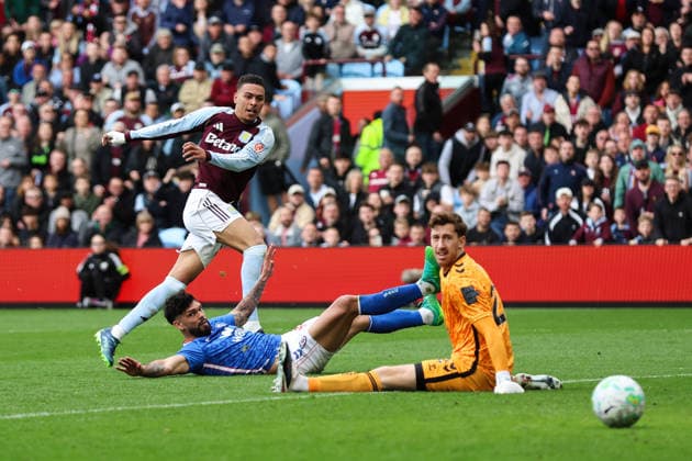Birmingham, England, 19th April 2026. Morgan Rogers of Aston Villa scores a goal to make it 3-1 during the Aston Villa vs Sunderland Premier League match at Villa Park, Birmingham. Picture credit should read: Gareth Evans Sportimage EDITORIAL USE ONLY. No use with unauthorised audio, video, data, fixture lists, club league logos or live services. Online in-match use limited to 120 images, no video emulation. No use in betting, games or single club league player publications. SPI_043_GE_Aston_Villa_vs_Sunderland SPI-4703-0043