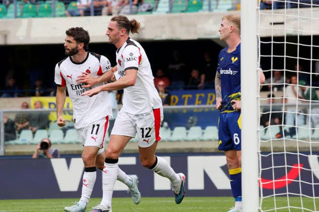 AC Milan s Adrien Rabiot celebration goal 0-1 the Serie A soccer match between Hellas Verona and A.C. Milan at the Bentegodi Stadium in Verona, north west Italy - Sunday , April 19 , 2026. - Soccer .  Copyright: xPaolaxGarbuio Lapressex