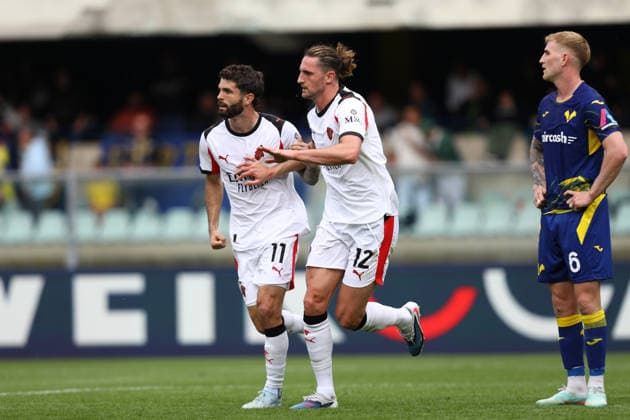 April 19, 2026, Verona, Veneto, Italy: ADRIEN RABIOT 12 of AC Milan celebrates scoring his side s first goal in the Matchday 33 of 38 of the Serie A 2025 26 between HELLAS VERONA and AC MILAN at the Bentegodi Stadium in Verona, Italy. Verona Italy - ZUMAc179 20260419_zep_c179_009 Copyright: xMickaelxChavetx