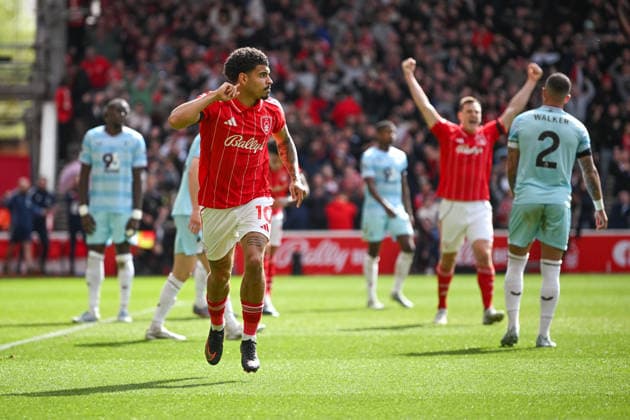 Nottingham, England, 19th April 2026. Morgan Gibbs-White of Nottingham Forest celebrates scoring a second goal to make it 2-1 to his team during the Nottingham Forest vs Burnley Premier League match at the City Ground, Nottingham. Picture credit should read: Harriet Massey Sportimage EDITORIAL USE ONLY. No use with unauthorised audio, video, data, fixture lists, club league logos or live services. Online in-match use limited to 120 images, no video emulation. No use in betting, games or single club league player publications. SPI_083_FOREST_V_BURNLEY SPI-4702-0077