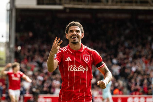 19th April 2026; The City Ground, Nottingham, England; Premier League Football, Nottingham Forest versus Burnley; Morgan Gibbs-White of Nottingham Forest celebrates scoring his third goal in the 77th minute to make the score 3-1 GodfreyxPitt