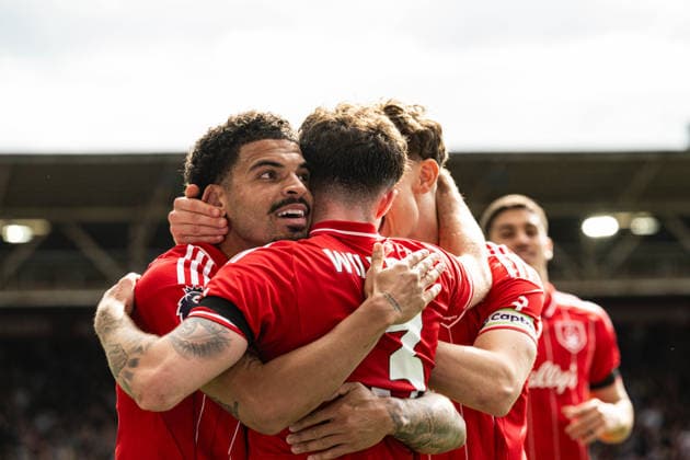 19th April 2026; The City Ground, Nottingham, England; Premier League Football, Nottingham Forest versus Burnley; Morgan Gibbs-White of Nottingham Forest celebrates with Neco Williams after scoring his third goal in the 77th minute to make the score 3-1 GodfreyxPitt
