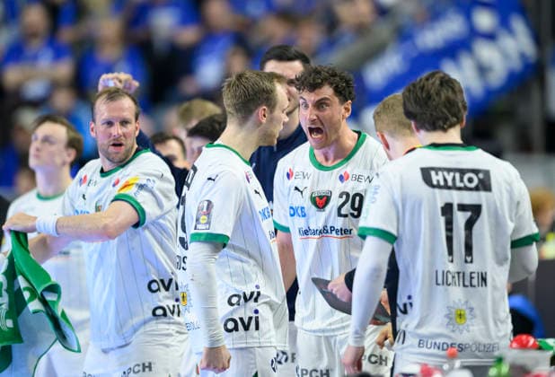 Jubel Füchse, (l-r) Max DARJ (B), Mathias GIDSEL (B), Lukas HERBURGER (B) Finale Füchse Berlin (B) - Bergischer HC (BHC), am 19.04.2026. Handball DHB Pokal Final4 2026, vom 18.04 - 19.04.2026 in Koeln Deutschland. Â