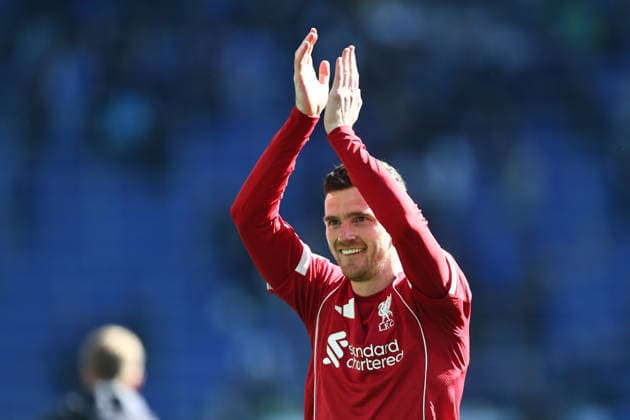 Andrew Robertson of Liverpool applauds the away fans Everton v Liverpool, Premier League, Football, Hill Dickinson Stadium, Liverpool, UK - 19 Apr 2026Liverpool Hill Dickinson Stadium United Kingdom EDITORIAL USE ONLY No use with unauthorised audio, video, data, fixture lists, club league logos or live services. Online in-match use limited to 120 images, no video emulation. No use in betting, games or single club league player publications.  Copyright: xPhilxOldham Shutterstockx 16832209cc