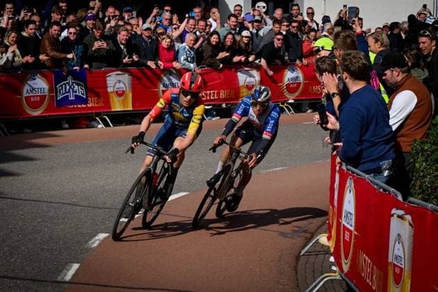 Belgian Remco Evenepoel of Red Bull-BORA-hansgrohe and Danish Mattias Skjelmose of Lidl-Trek pictured in action during the men elite Amstel Gold Race one day cycling race, 257,4 km from Maastricht to Valkenburg, The Netherlands, Sunday 19 April 2026. POOLxDARIOxBELINGHERI  x171342275x