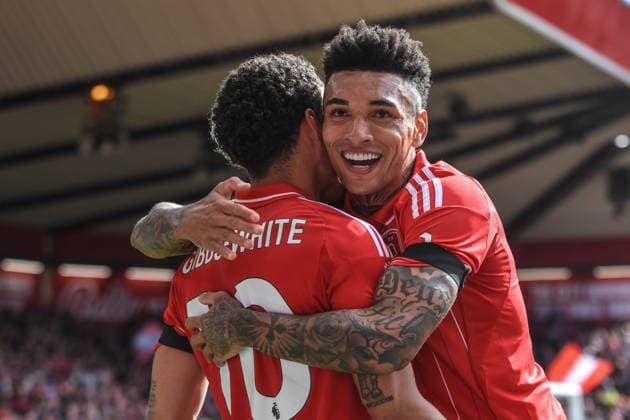 Nottingham Forest v Burnley, English Premier League, The City Ground, Nottingham, UK - 19 April 2026 Nottingham Forest s Morgan Gibbs-White celebrates with team mates after scoring his sides third goal , UK NEWSPAPERS OUT Copyright: xRichardxBowcottx
