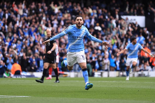 Football - Premier League - Manchester City v Arsenal 19th April 2026 - Premier League - Manchester City v Arsenal - Rayan Cherki of Manchester City celebrates scoring their 1st goal in front of the Arsenal fans - Photo: Simon Stacpoole Offside. Manchester UK Copyright: xSimonxStacpoolexOffside