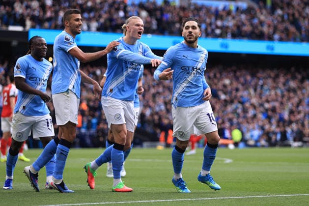 Football - Premier League - Manchester City v Arsenal 19th April 2026 - Premier League - Manchester City v Arsenal - Rayan Cherki of Manchester City celebrates scoring their 1st goal in front of the Arsenal fans - Photo: Simon Stacpoole Offside. Manchester UK Copyright: xSimonxStacpoolexOffside