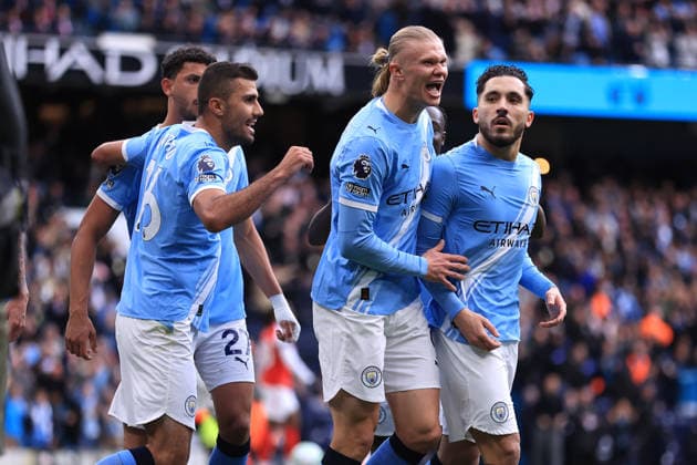 Football - Premier League - Manchester City v Arsenal 19th April 2026 - Premier League - Manchester City v Arsenal - Rayan Cherki of Manchester City celebrates scoring their 1st goal in front of the Arsenal fans - Photo: Simon Stacpoole Offside. Manchester UK Copyright: xSimonxStacpoolexOffside