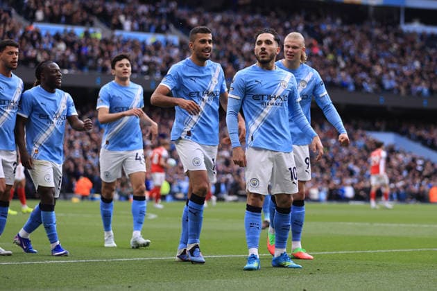 Football - Premier League - Manchester City v Arsenal 19th April 2026 - Premier League - Manchester City v Arsenal - Rayan Cherki of Manchester City celebrates scoring their 1st goal in front of the Arsenal fans - Photo: Simon Stacpoole Offside. Manchester UK Copyright: xSimonxStacpoolexOffside