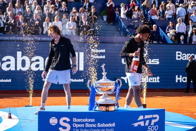 ATP, Tennis Herren 500 - Final of Barcelona Open Banc Sabadell in Barcelona, Spain, 19, April, 2026. Final of Barcelona Open Banc Sabadell match between Andrey Rublev (RUS) and Arthur Fils (FRA) in Reial Club de Tennis Barcelona, Barcelona, Spain, on April 19, 2026. Andrey Rublev (RUS) and Arthur Fils (FRA). Barcelona Reial Club de Tennis Barcelona Barcelona Spain