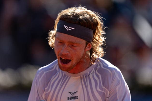 ATP, Tennis Herren 500 - Final of Barcelona Open Banc Sabadell in Barcelona, Spain, 19, April, 2026. Final of Barcelona Open Banc Sabadell match between Andrey Rublev (RUS) and Arthur Fils (FRA) in Reial Club de Tennis Barcelona, Barcelona, Spain, on April 19, 2026. Andrey Rublev (RUS) reacts. Barcelona Reial Club de Tennis Barcelona Barcelona Spain