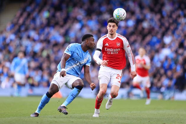 Football - Premier League - Manchester City v Arsenal 19th April 2026 - Premier League - Manchester City v Arsenal - Marc Guehi of Manchester City battles with Kai Havertz of Arsenal - Photo: Simon Stacpoole Offside. Manchester UK Copyright: xSimonxStacpoolexOffside