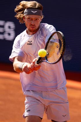 ATP, Tennis Herren 500 - Final of Barcelona Open Banc Sabadell in Barcelona, Spain, 19, April, 2026. Final of Barcelona Open Banc Sabadell match between Andrey Rublev (RUS) and Arthur Fils (FRA) in Reial Club de Tennis Barcelona, Barcelona, Spain, on April 19, 2026. Andrey Rublev (RUS) action. Barcelona Reial Club de Tennis Barcelona Barcelona Spain