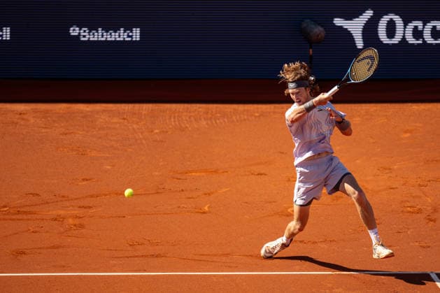 ATP, Tennis Herren 500 - Final of Barcelona Open Banc Sabadell in Barcelona, Spain, 19, April, 2026. Final of Barcelona Open Banc Sabadell match between Andrey Rublev (RUS) and Arthur Fils (FRA) in Reial Club de Tennis Barcelona, Barcelona, Spain, on April 19, 2026. Andrey Rublev (RUS) action. Barcelona Reial Club de Tennis Barcelona Barcelona Spain