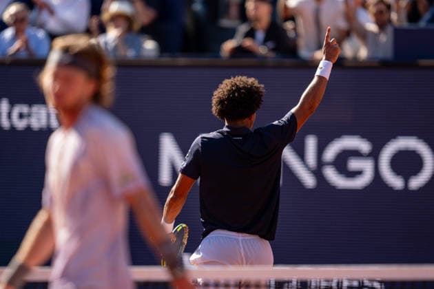 ATP, Tennis Herren 500 - Final of Barcelona Open Banc Sabadell in Barcelona, Spain, 19, April, 2026. Final of Barcelona Open Banc Sabadell match between Andrey Rublev (RUS) and Arthur Fils (FRA) in Reial Club de Tennis Barcelona, Barcelona, Spain, on April 19, 2026. Arthur Fils (FRA) reacts after score a point. Barcelona Reial Club de Tennis Barcelona Barcelona Spain