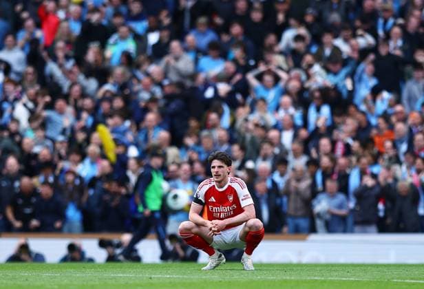 Declan Rice of Arsenal looks dejected at the end of the match Manchester City v Arsenal, Premier League, Football, Etihad Stadium, Manchester, UK - 19 Apr 2026Manchester Etihad Stadium United Kingdom EDITORIAL USE ONLY No use with unauthorised audio, video, data, fixture lists, club league logos or live services. Online in-match use limited to 120 images, no video emulation. No use in betting, games or single club league player publications. Copyright: xMattxWest Shutterstockx 16836204az