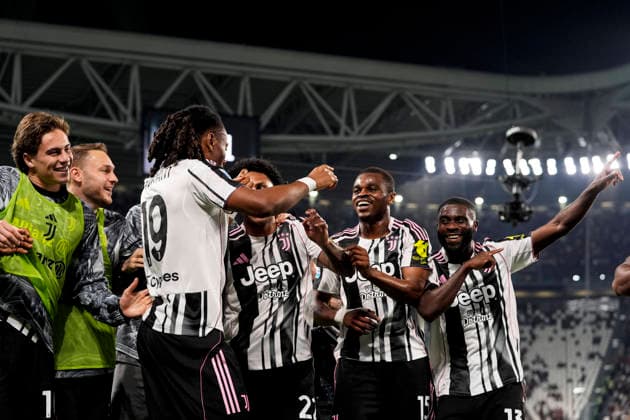 Juventus Khephren Thuram celebrates after scoring the 2-0 goal for his team during the Serie A soccer match between Juventus Fc and Bologna the Juventus Stadium in Turin, north west Italy - April 19, 2026. - Soccer  Copyright: xFabioxFerrari LaPressex