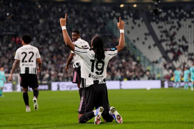 Juventus Khephren Thuram celebrates after scoring the 2-0 goal for his team during the Serie A soccer match between Juventus Fc and Bologna the Juventus Stadium in Turin, north west Italy - April 19, 2026. - Soccer  Copyright: xFabioxFerrari LaPressex