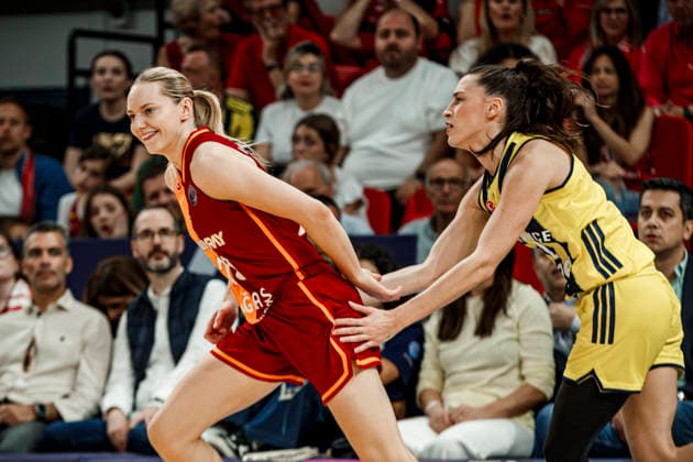 ESP: Galatasaray Cagdas Faktoring v Fenerbahce Opet. Final game Euroleague Women Final Six 2026 Olcay Cakir and Marine Johannes during the Euroleague Women final game between Galatasaray Cagdas Faktoring and Fenerbahce Opet played at Principe Felipe Arena on April 19, 2026 in Zaragoza, Spain. Zaragoza Spain Basketball Copyright: xDanielxMarzo AgenciaxLOFx