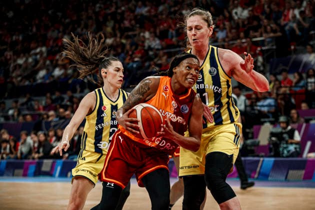 ESP: Galatasaray Cagdas Faktoring v Fenerbahce Opet. Final game Euroleague Women Final Six 2026 Kamiah Smalls, Olcay Cakir andEmma Messeman during the Euroleague Women final game between Galatasaray Cagdas Faktoring and Fenerbahce Opet played at Principe Felipe Arena on April 19, 2026 in Zaragoza, Spain. Zaragoza Spain Basketball Copyright: xDanielxMarzo AgenciaxLOFx