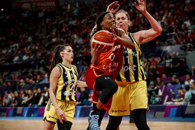 ESP: Galatasaray Cagdas Faktoring v Fenerbahce Opet. Final game Euroleague Women Final Six 2026 Kamiah Smalls, Sevgi Uzun and Emma Messeman during the Euroleague Women final game between Galatasaray Cagdas Faktoring and Fenerbahce Opet played at Principe Felipe Arena on April 19, 2026 in Zaragoza, Spain. Zaragoza Spain Basketball Copyright: xDanielxMarzo AgenciaxLOFx