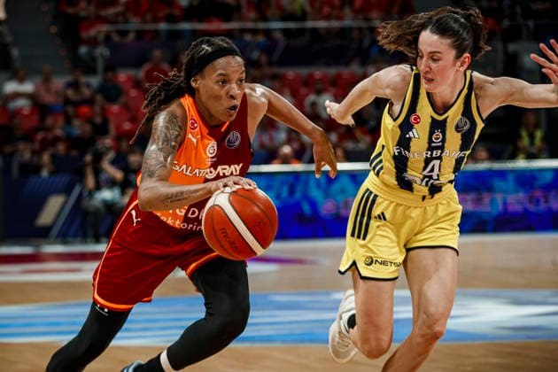 ESP: Galatasaray Cagdas Faktoring v Fenerbahce Opet. Final game Euroleague Women Final Six 2026 Kamiah Smalls and Olcay Cakir during the Euroleague Women final game between Galatasaray Cagdas Faktoring and Fenerbahce Opet played at Principe Felipe Arena on April 19, 2026 in Zaragoza, Spain. Zaragoza Spain Basketball Copyright: xDanielxMarzo AgenciaxLOFx
