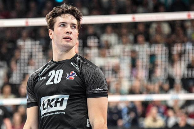 Ethan Champlin (SVG Lüneburg, 16) Porträt, Portrait, 19.04.2026, Düren (Deutschland), Volleyball, 1. Bundesliga Männer, Halbfinale Playoff, SWD Powervolleys Düren - SVG Lüneburg