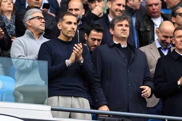 19th April 2026; Etihad Stadium, Manchester, Lancashire, England; Premier League Football, Manchester City versus Arsenal ; Manchester City chairman Khaldoon Al Mubarak and Manchester City CEO Ferran Soriano in the stands DavidxBlunsden