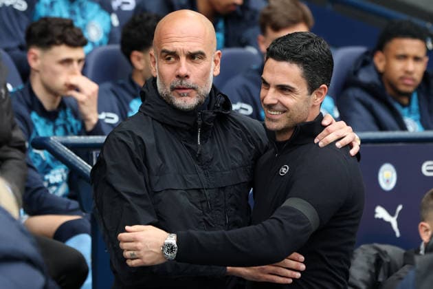 19th April 2026; Etihad Stadium, Manchester, Lancashire, England; Premier League Football, Manchester City versus Arsenal ; Manchester City manager Pep Guardiola greets Arsenal manager Mikel Arteta DavidxBlunsden