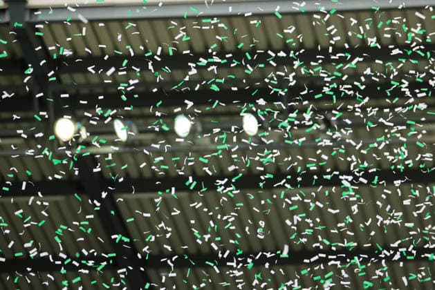 Fürth, Deutschland: 19. April 2026 - 2. Bundesliga - 30. Spieltag - SpVgg Greuther Fürth vs. SV Darmstadt 98 Im Bild: Symbolbild Konfetti aus der Fankurve von Greuther Fürth DFL regulations prohibit any use of photographs as image sequences and or quasi-video.