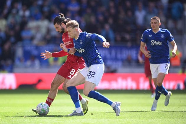 Everton v Liverpool, Premier League Dominik Szoboszlai of Liverpool is challenged by Jarrad Branthwaite of Everton during the Everton v Liverpool Premier League match at the Hill Dickinson Stadium, Liverpool, England on 19 April 2026 Credit: Ben Roberts Every Second Media Editorial use only. All images are copyright Every Second Media Limited. No images may be reproduced without prior permission. All rights reserved. Premier League and Football League images are subject to licensing agreements with Football DataCo Limited. see https: www.football-dataco.com Copyright: xIMAGO EveryxSecondxMediax ESM-1928-0129 BenxRobertsx xEveryxSecondxMediax