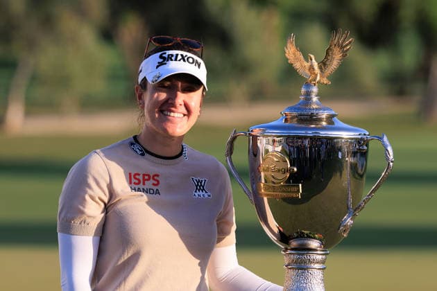 April 19, 2026, Tarzana, California, USA: Hannah Green poses with the Championship trophy after winning the Final Round of the 2026 JM Eagle Championship Los Angeles at the Caballero Country Club in Tarzana, California on Sunday April 19, 2026. JAVIER ROJAS PI Tarzana USA - ZUMAp124 20260419_zaa_p124_039 Copyright: xJavierxRojasx