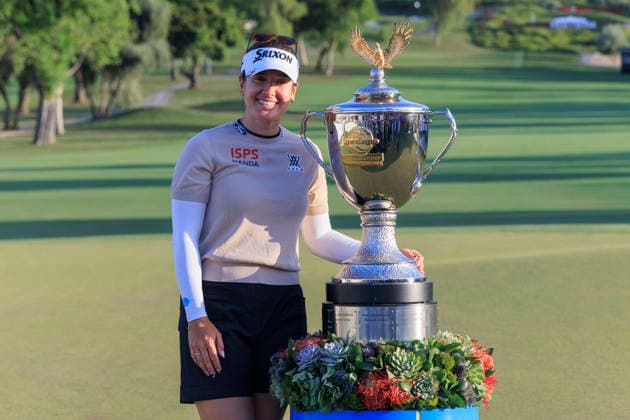 April 19, 2026, Tarzana, California, USA: Hannah Green poses with the Championship trophy after winning the Final Round of the 2026 JM Eagle Championship Los Angeles on Sunday April 19, 2026 at the Caballero Country Club in Tarzana, California. ARIANA RUIZ PI Hannah Green Wins The 2026 JM Eagle Championship  - ZUMAp124 20260419_zaa_p124_045 Copyright: xArianaxRuizx