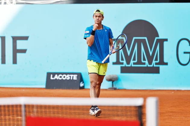 Rei Sakamoto (JPN), APRIL 20, 2026 - Tennis : Rei Sakamoto celebrate after a point during singles qualifying 1st round match against Zachary Svajda on the ATP, Tennis Herren tour Masters 1000 tournaments Mutua Madrid Open tennis tournament at the Caja Magica in Madrid, Spain. Noxthirdxpartyxsales  aflo_327624591