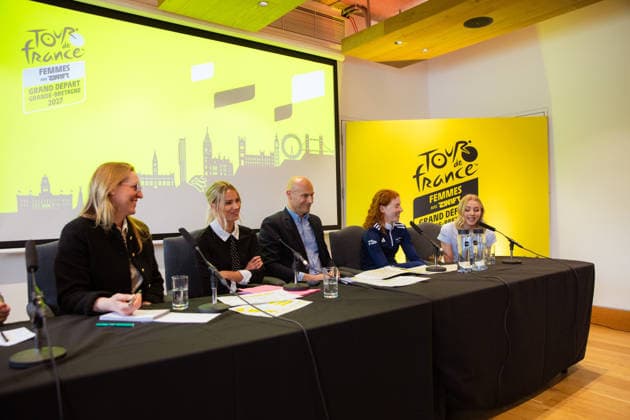 Tour de France 2027 Grand Depart Route Reveal Picture by Charlie Forgham-Bailey SWpix.com - 20 04 2026 - Cycling - Tour de France Femmes avec Zwift 2027 Grand Depart Route Reveal - press conference, PK, Pressekonferenz - Glaziers Hall, London, England - (L to R) Lucy Jones, Grand DÃ part GB 2027 Tour de France Femmes avec Zwift Race Director Marion Rousse Franck Perque Flora Perkins (Fenix Premier Tech) Cat Ferguson (Movistar Team) Copyright: x xSWpix.comx(t axPhotographyxHubxLtd)xCharliexForgham-Bailey SWpix.comx SWP-3030-13002
