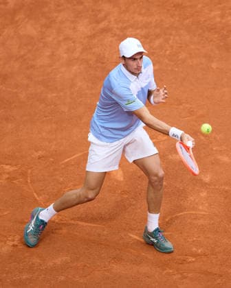 Mutua Madrid Open - Day One Matteo Arnaldy of Italy plays a forehand against Dusan Lajovic of Serbia during the MenÕs Singles First Round Qualifying match on day one of the Mutua Madrid Open at Caja Magica on April 20, 2026, in Madrid, Spain. Madrid Caja Magica Madrid Spain RL_MMO2K26_000059 Copyright: xRicardoxLarreinax