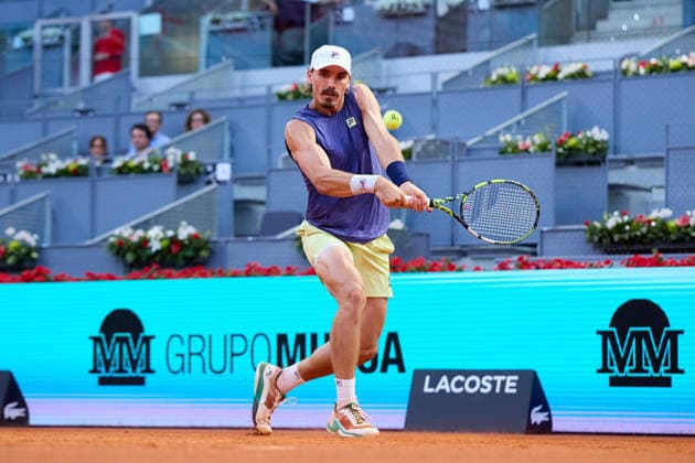 Mutua Madrid Open - Day One Patrick Kypson of United States plays a backhand against Moise Kouame of France during the MenÕs Singles First Round Qualifying match on day one of the Mutua Madrid Open at Caja Magica on April 20, 2026, in Madrid, Spain. Madrid Caja Magica Madrid Spain RL_MMO2K26_000130 Copyright: xRicardoxLarreinax