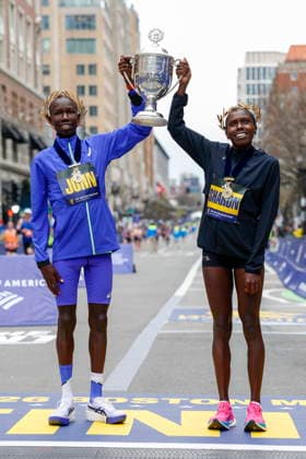 Boston Marathon Winners John Korir of Kenya (R) and compatriot Sharon Lokedi pose with the trophy after the 130th Boston Marathon in Boston, Massachusetts, USA, 20 April 2026. BOSTON MASSACHSETTS UNITED STATES  Copyright: xGREGxM.xCOOPERx